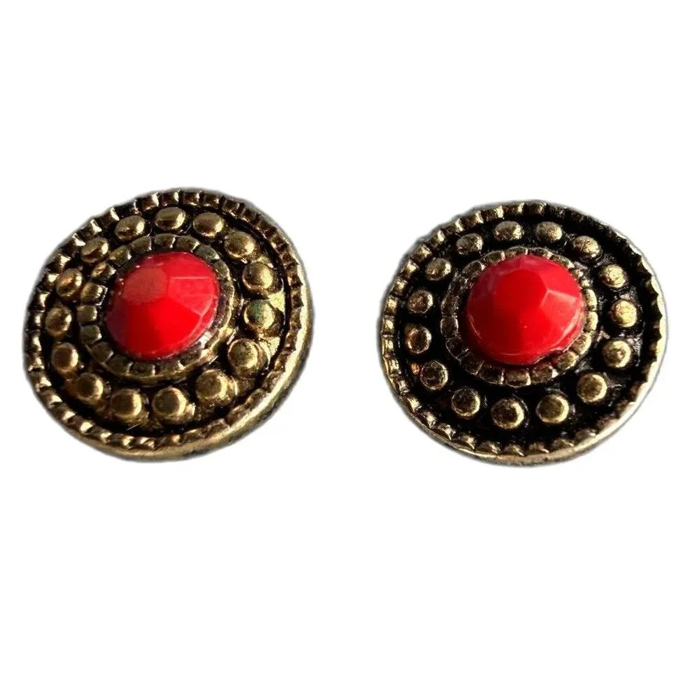 Vintage 1960s Western Red Cabochon Stud Earrings Southwestern Antique Brass